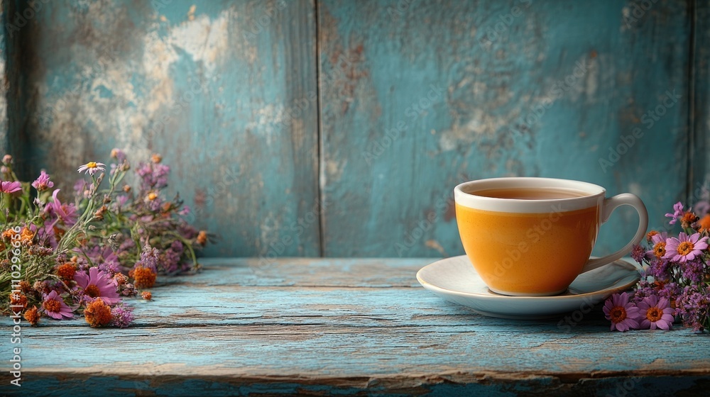 Vibrant orange tea cup on a rustic wooden table adorned with colorful flowers creating a warm and inviting atmosphere Vibrant orange tea cup on a rustic wooden table adorned with colorful flowers creating a warm and inviting atmosphere