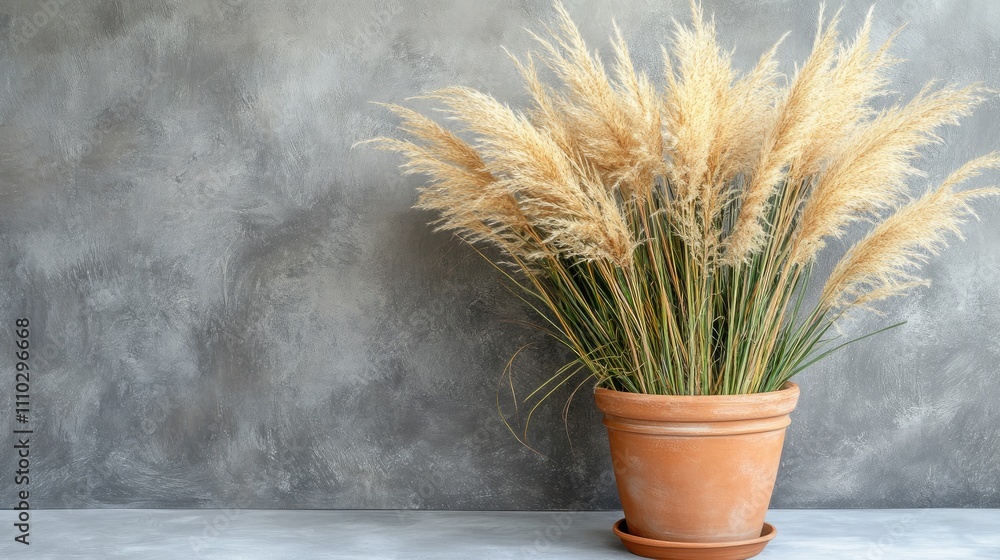 Tan pampas grass bouquet in clay pot against grey backdrop Minimalist interior decor concept Floral arrangement on neutral background Tan pampas grass bouquet in clay pot against grey backdrop Minimalist interior decor concept Floral arrangement on neutral background