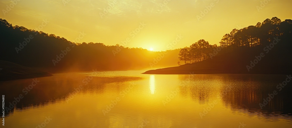 Serene sunrise over a tranquil lake surrounded by lush trees and misty hills creating a peaceful reflection in the water. Serene sunrise over a tranquil lake surrounded by lush trees and misty hills creating a peaceful reflection in the water.