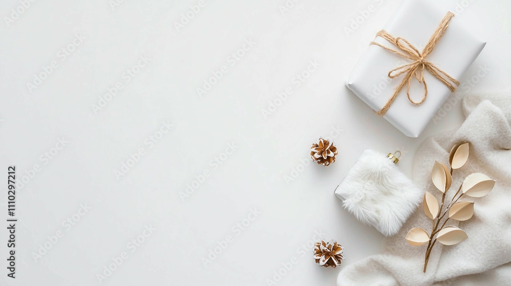 Elegant White Gift Package on Soft Blanket with Natural Accents Elegant White Gift Package on Soft Blanket with Natural Accents