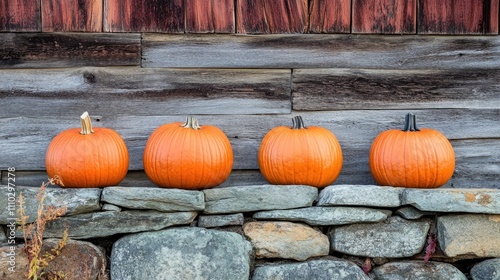 Four vibrant pumpkins displayed on stone steps beside a rustic wooden wall perfect for autumn imagery and seasonal decor themes. photo