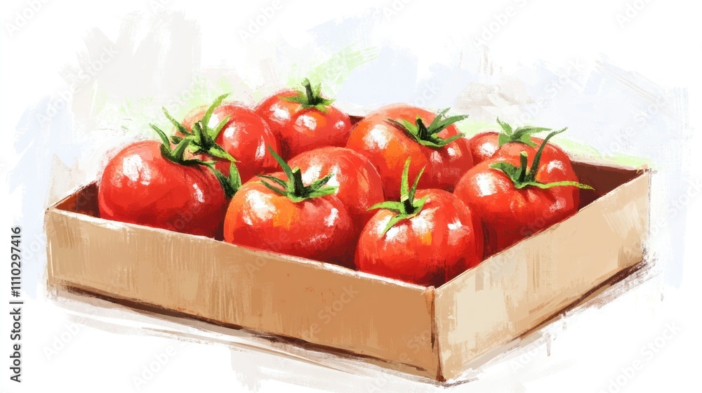 Realistic depiction of vibrant ripe tomatoes in a cardboard box, emphasizing texture and freshness, white background Realistic depiction of vibrant ripe tomatoes in a cardboard box, emphasizing texture and freshness, white background