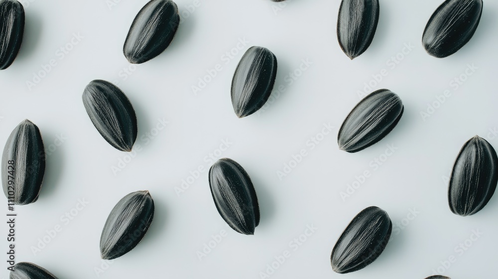 Sunflower seeds arranged artistically on a light backdrop showcasing their unique texture and shape for food and health concepts Sunflower seeds arranged artistically on a light backdrop showcasing their unique texture and shape for food and health concepts