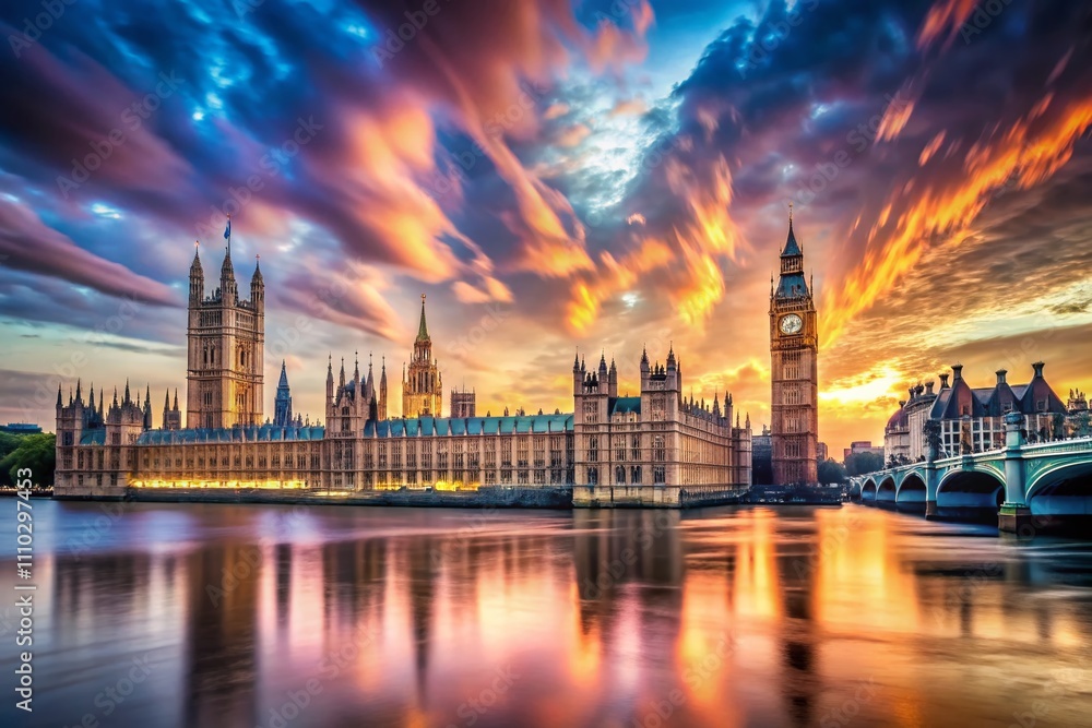 Naklejka premium Dramatic Double Exposure of London’s Parliament and Thames River Under an Ominous Sky Showcasing the Iconic Beauty of England’s Capital City with a Surreal Twist