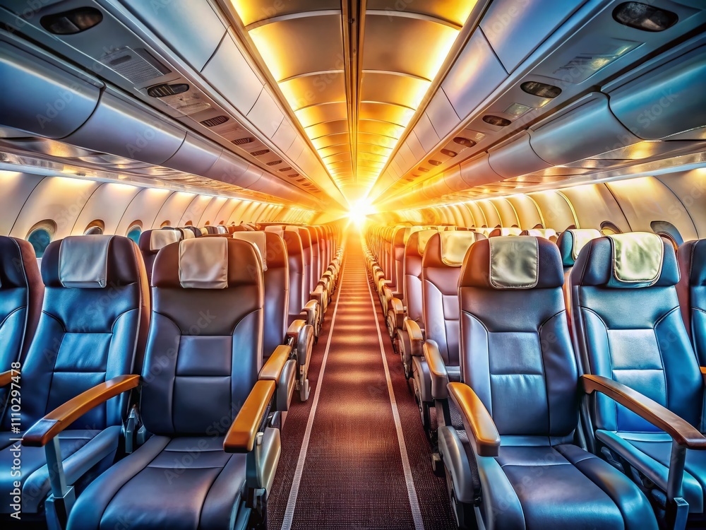 Fototapeta premium Dramatic Long Exposure of Airplane Interior with Sunlight Streaming Through Window, Highlighting Aisle and Rows of Seats for Travel and Aviation Enthusiasts