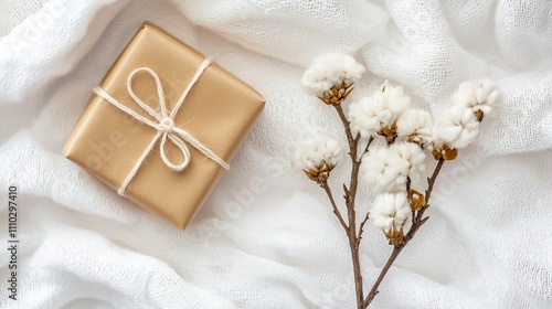 Elegant Gift Box with Cotton Flowers on Soft White Fabric