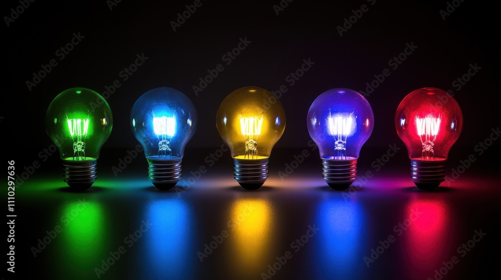 Different colored light bulbs glowing in a darkened room, symbolizing innovation and diversity of ideas, minimalistic photography style Different colored light bulbs glowing in a darkened room, symbolizing innovation and diversity of ideas, minimalistic photography style