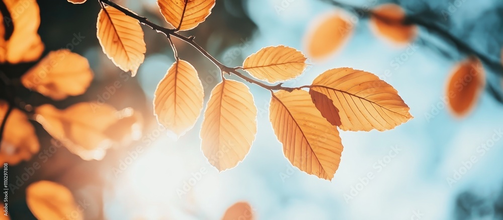 Golden autumn leaves glowing in sunlight against a blurred background showcasing nature's seasonal beauty and vibrant color palette. Golden autumn leaves glowing in sunlight against a blurred background showcasing nature's seasonal beauty and vibrant color palette.