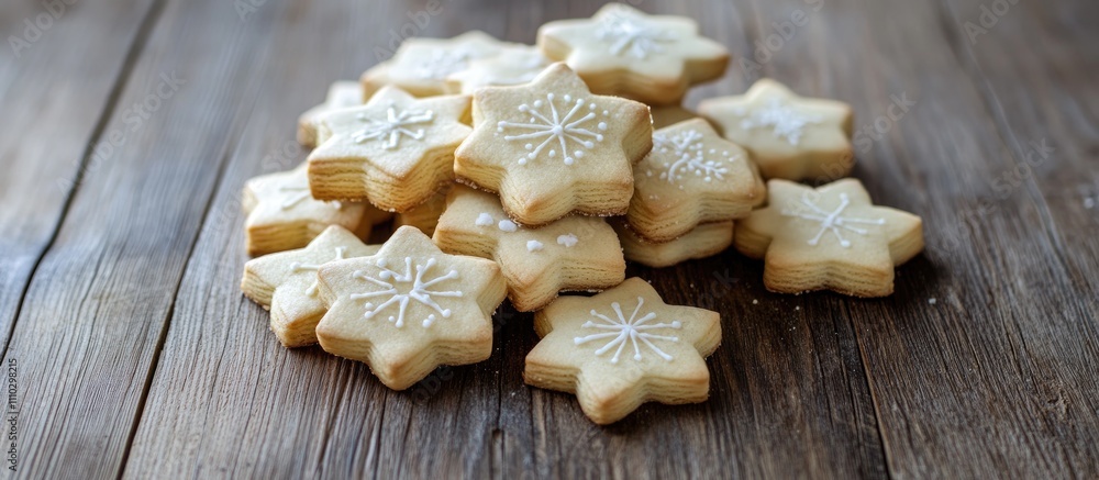 Fototapeta premium Traditional Christmas star-shaped cookies decorated with icing arranged on a rustic wooden surface festive holiday treat backdrop