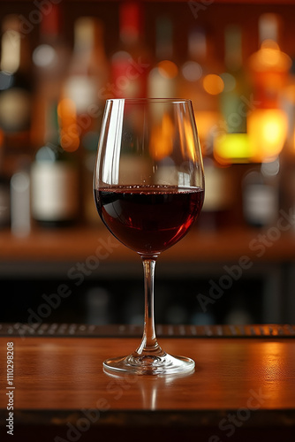 glass of wine in bar, A glass of wine is placed on the counter inside the bar, AI Generated