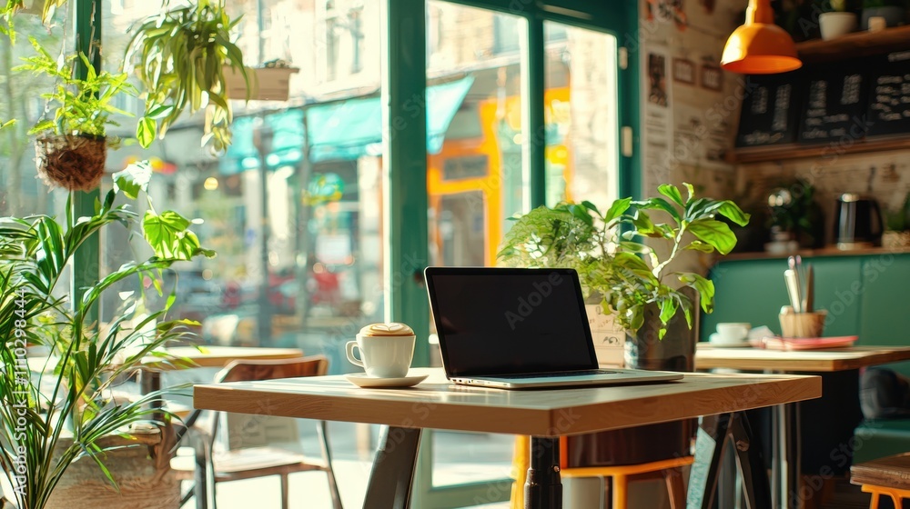 Cappuccino and Laptop in Bright Workspace Cafe Cappuccino and Laptop in Bright Workspace Cafe