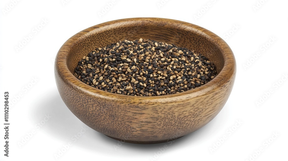Wooden bowl filled with black sesame seeds, placed on a clean white background, emphasizing texture and natural materials, food, cooking, health, organic ingredients. Wooden bowl filled with black sesame seeds, placed on a clean white background, emphasizing texture and natural materials, food, cooking, health, organic ingredients.