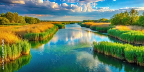 A serene river meanders through a verdant landscape, its surface reflecting the azure sky and fluffy clouds, while lush greenery lines its banks, creating a picturesque vista.