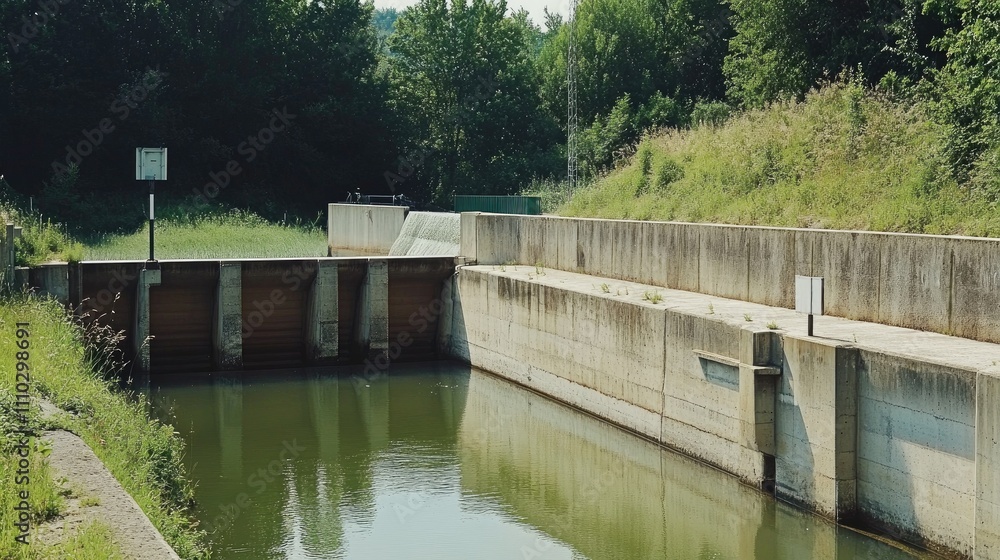 Concrete water reservoir dam in a lush valley, featuring a calm creek surrounded by greenery, reflecting the serene landscape, infrastructure, nature, engineering. Concrete water reservoir dam in a lush valley, featuring a calm creek surrounded by greenery, reflecting the serene landscape, infrastructure, nature, engineering.