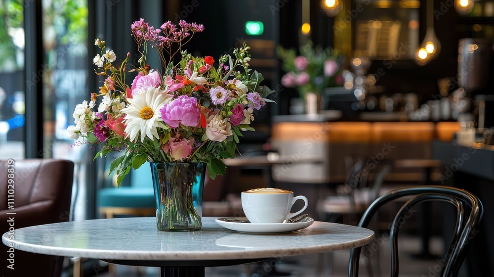 Cappuccino with Fresh Flowers in Elegant Cafe Cappuccino with Fresh Flowers in Elegant Cafe