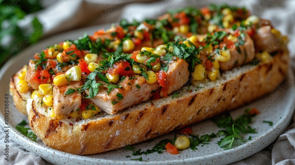 Fresh tuna sandwich topped with corn and herbs on a ceramic plate against a soft cloth background. Perfect for food photography and culinary use. Fresh tuna sandwich topped with corn and herbs on a ceramic plate against a soft cloth background. Perfect for food photography and culinary use.