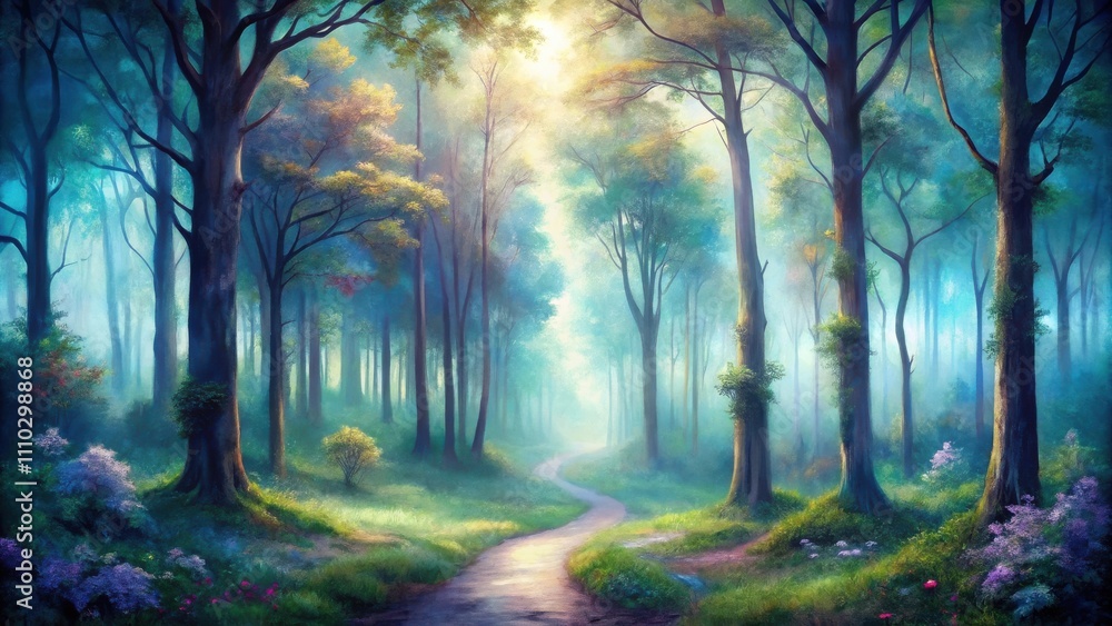 A winding path leads through a mystical forest, bathed in ethereal light, where the air is thick with moisture and the trees stand tall and proud, their leaves shimmering with an otherworldly glow. A winding path leads through a mystical forest, bathed in ethereal light, where the air is thick with moisture and the trees stand tall and proud, their leaves shimmering with an otherworldly glow.