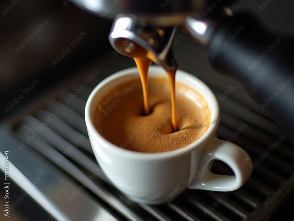 Fresh Espresso Shot with Golden Crema Pouring from Professional Coffee Machine into Double-Wall Glass Cup Fresh Espresso Shot with Golden Crema Pouring from Professional Coffee Machine into Double-Wall Glass Cup