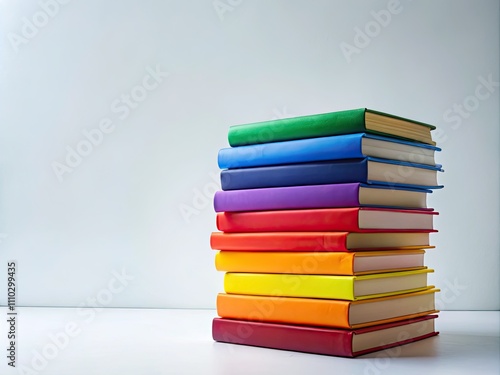 Rainbow Stack Books Minimalist Photography, Colorful Book Pile, White Background, Copy Space