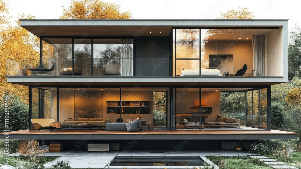 Modern two-story house with large glass windows surrounded by trees. Modern two-story house with large glass windows surrounded by trees.