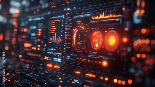 Futuristic digital dashboard displaying data analytics and visualizations in a sleek environment at night. Generative AI