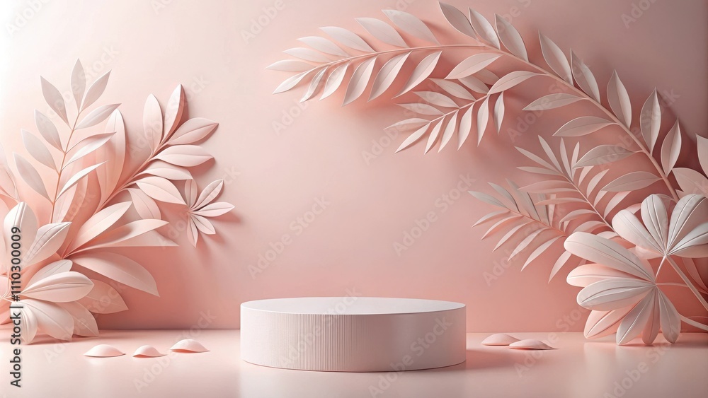 A Minimalist Pastel Pink Floral Display with a Podium for Product Presentation A Minimalist Pastel Pink Floral Display with a Podium for Product Presentation