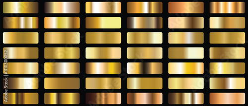 Gold foil texture background set. Vector golden, copper, brass and metal gradient template.Collection of luxury gold gradient background. Vector template design for border, frame ribbon.