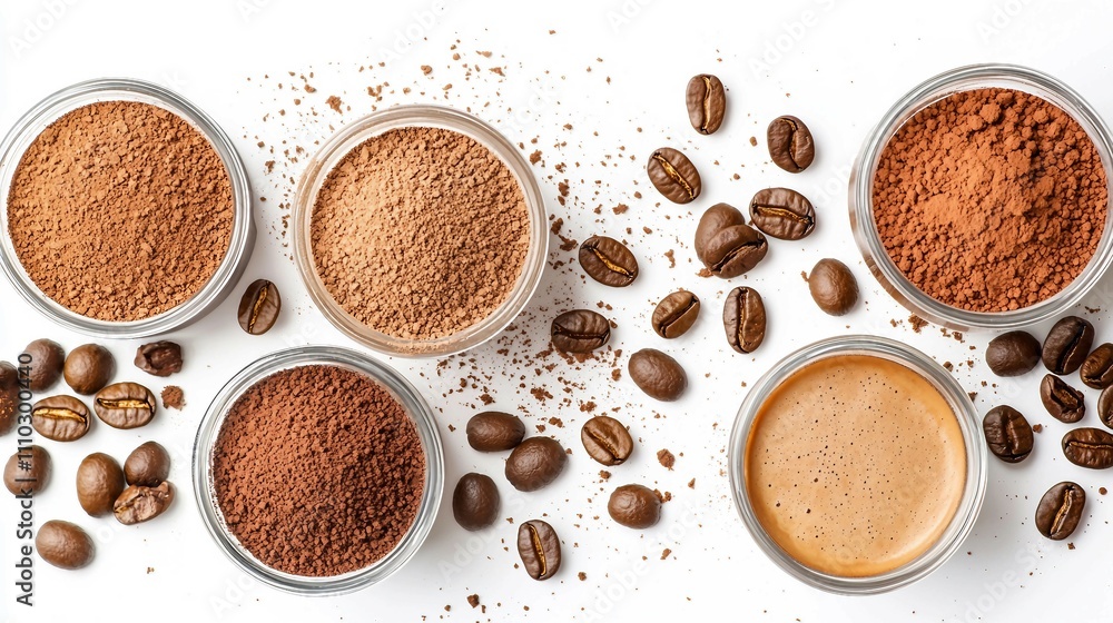 Coffee Beans and Powder in Various Forms on White Background Coffee Beans and Powder in Various Forms on White Background