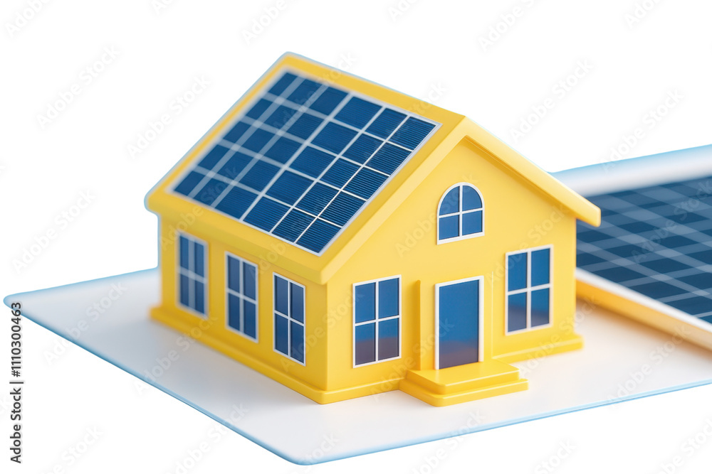 A bright yellow model house featuring solar panels on its roof, showcasing a modern design and sustainable energy focus. A bright yellow model house featuring solar panels on its roof, showcasing a modern design and sustainable energy focus.