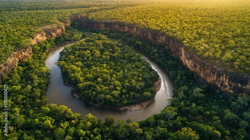 Beautiful aerial view of a winding river surrounded by lush greenery in a remote natural landscape at sunset
