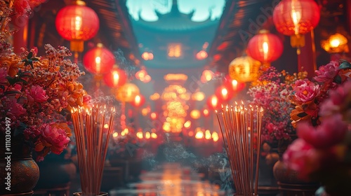 Vibrant lantern festival adorned with flowers and incense in a temple setting