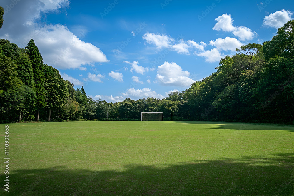 A large grassy field with goal posts and trees in the background, an empty soccer pitch on a sunny day, wide-angle A large grassy field with goal posts and trees in the background, an empty soccer pitch on a sunny day, wide-angle