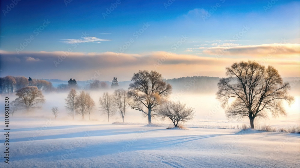 A tranquil winter landscape featuring bare trees silhouetted against a misty sunrise in a snowy field. A tranquil winter landscape featuring bare trees silhouetted against a misty sunrise in a snowy field.