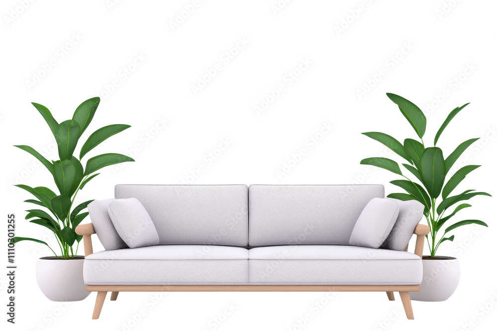 A modern sofa with a light gray fabric and wooden legs, accompanied by decorative plants on either side. A modern sofa with a light gray fabric and wooden legs, accompanied by decorative plants on either side.
