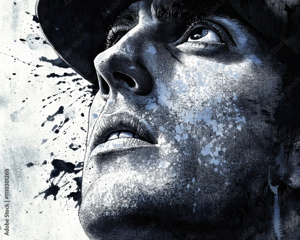striking monochrome watercolor pop art piece featuring thoughtful expression striking monochrome watercolor pop art piece featuring thoughtful expression