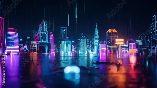 Seamless loop video of cyberpunk rain falling on a reflective surface with neon lighting and zoom effect