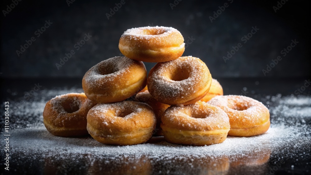A stack of freshly made donuts dusted with powdered sugar, creating a sweet and tempting treat. A stack of freshly made donuts dusted with powdered sugar, creating a sweet and tempting treat.