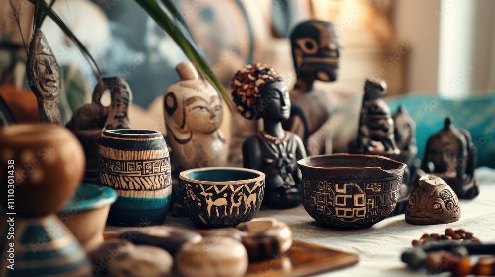 Fototapeta premium Different cultural artifacts arranged on a table, symbolizing the richness and heritage of global diversity, minimalistic photography style