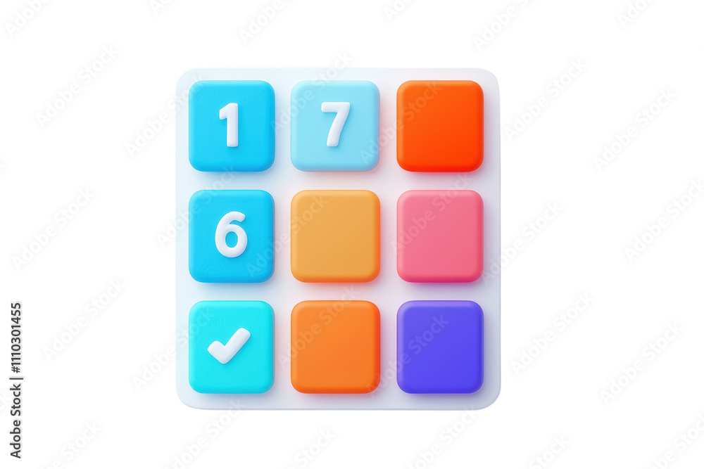 A colorful number pad featuring numbers 1, 6, and 7, along with several empty buttons and a checkmark symbol. A colorful number pad featuring numbers 1, 6, and 7, along with several empty buttons and a checkmark symbol.