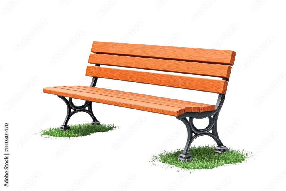 A wooden park bench with a sturdy metal frame, featuring horizontal slats and grassy supports. A wooden park bench with a sturdy metal frame, featuring horizontal slats and grassy supports.