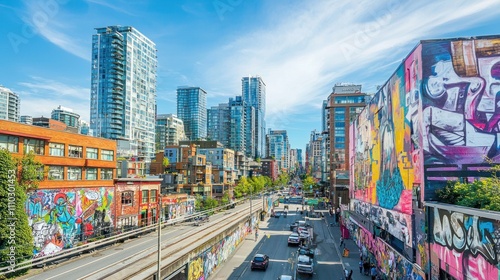A vibrant urban landscape with modern buildings, street art, and busy streets, creating the perfect city lifestyle backdrop.