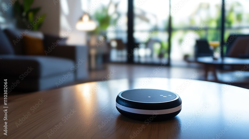 A Black Smart Speaker on a Wooden Tabletop in a Modern Living Room A Black Smart Speaker on a Wooden Tabletop in a Modern Living Room