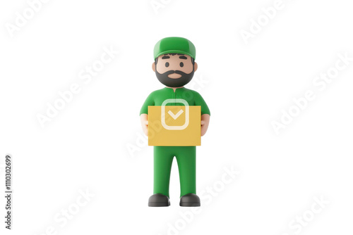 A cheerful delivery worker in green attire holds a package with a checkmark symbol, symbolizing successful delivery.