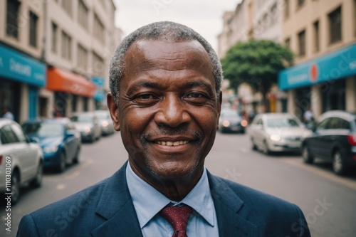 Close portrait of a smiling senior Mozambican businessman looking at the camera, Mozambican big city outdoors blurred background