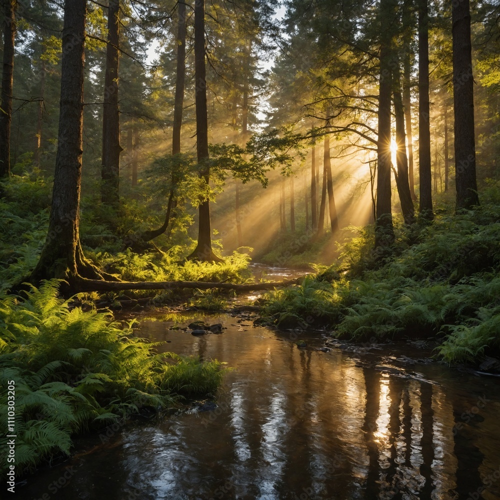 Fototapeta premium A lush forest at sunrise, with golden sunlight streaming through the tall trees and a clear stream reflecting the light.