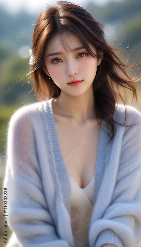 Fototapeta premium Beauty portrait of a beautiful young smiling woman in a fluffy knitted cardigan. Beautiful bare face, winter image.ふわふわのニットカーディガンを着た美しい若い笑顔の女性の美容ポートレート。美しい素顔、冬のイメージ。