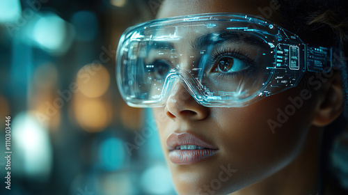 Woman wearing futuristic transparent goggles while engaging with a high-tech environment in a modern laboratory setting. Generative AI