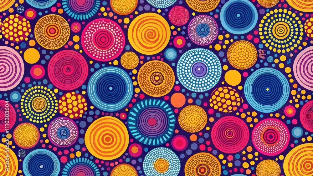 A vibrant seamless pattern of colorful circles with various textures and designs on a deep blue background. A vibrant seamless pattern of colorful circles with various textures and designs on a deep blue background.