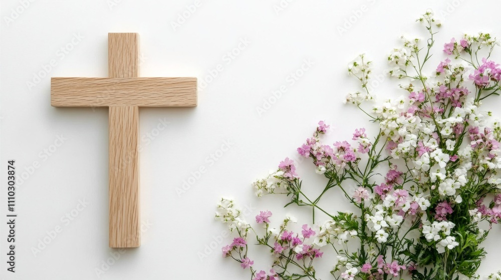 Flat lay wooden cross white background made light-colored composition with christian Flat lay wooden cross white background made light-colored composition with christian