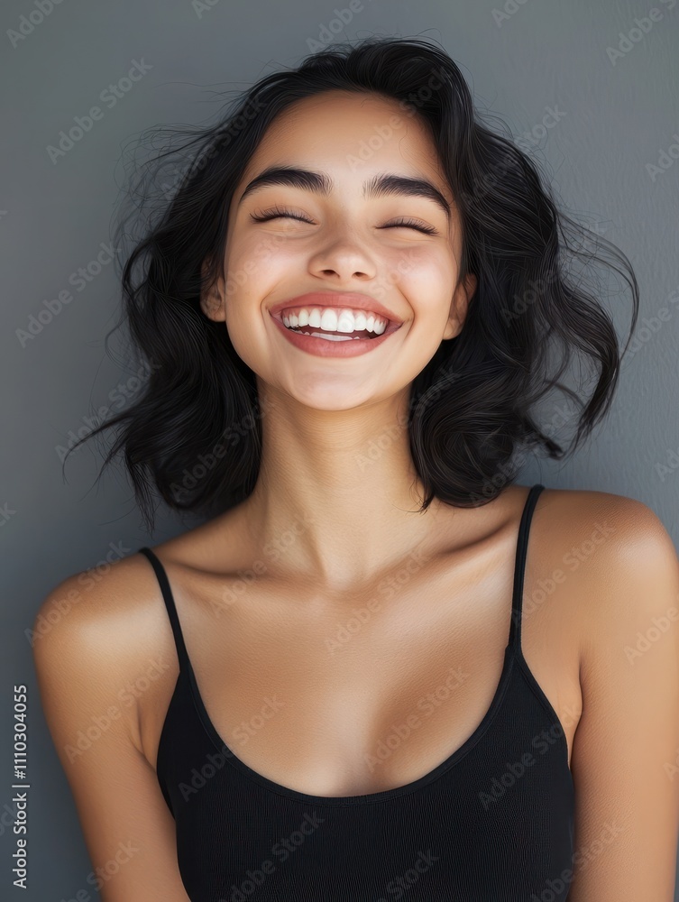 Portrait of happy latin young woman isolated on grey wall with copy space. Carefree hispanic woman smiling and looking at camera standing on gray background. Beautiful multiethnic girl laughing. Portrait of happy latin young woman isolated on grey wall with copy space. Carefree hispanic woman smiling and looking at camera standing on gray background. Beautiful multiethnic girl laughing.